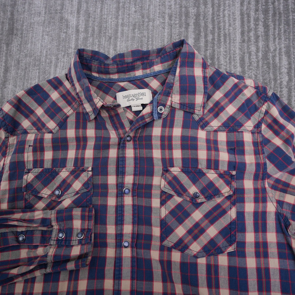 Heritage 1981 Mens Large Western Plaid Snap Button Long Sleeve Shirt Navy Red